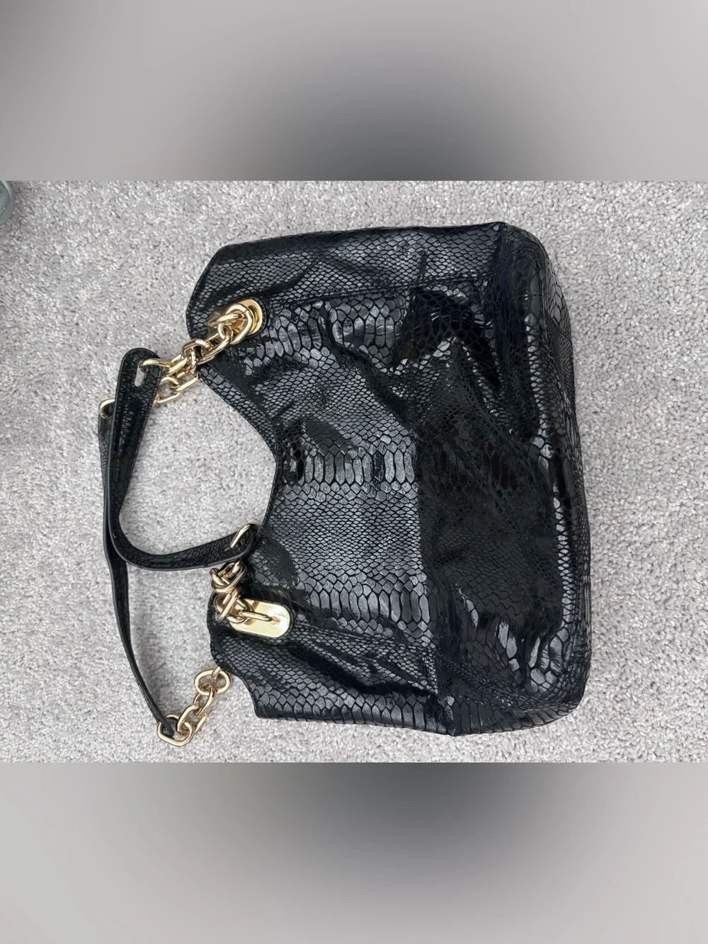 Michael Kors Black Snake-Embossed Shoulder Bag with Gold Hardware